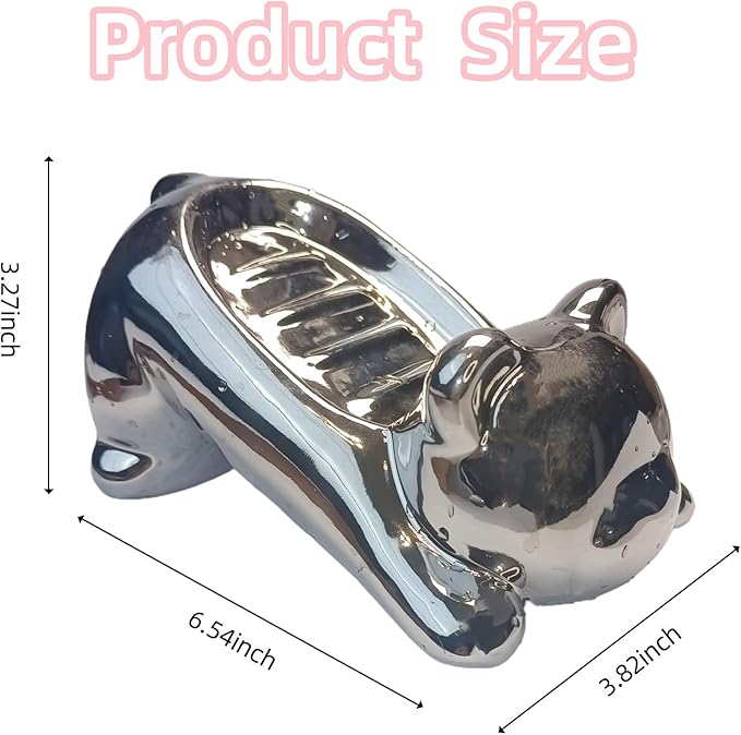 Ceramic Bear Soap Tray with Drain, Soap Dish Container, Dish Soap Tray, Multipurpose Holder for Shower, Bathroom, Kitchen & Counter jabonera para baño (Silver)