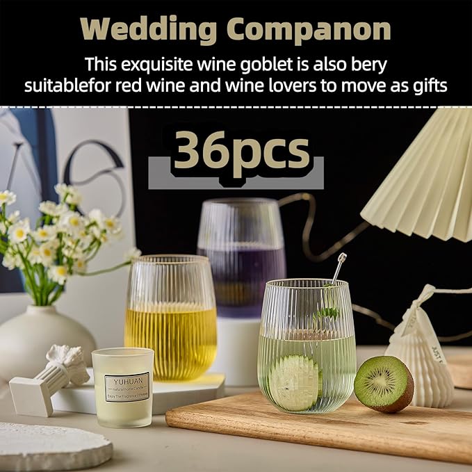 Lueumxc 36 Pack Plastic Ribbed Wine Glasses, 15Oz Origami Disposable Wine Glasses Unbreakable Clear Plastic Cocktail Glasses Recyclable Shatterproof Reusable Wine Cups