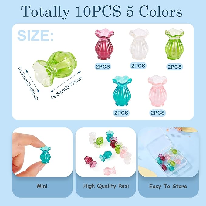 10Pcs Resin Mini Vase Plants Flower Pots Miniature Dollhouse Accessories Furniture Ornaments for Desktop Tableware Prop Decorations Crafts for Adult Green Pink