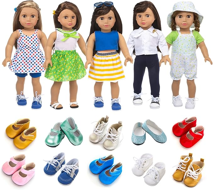 XFEYUE American 18 Inch Doll Clothes and Accessories 5 Sets Doll Clothes Dress Outfits + 2 Random Style Shoes