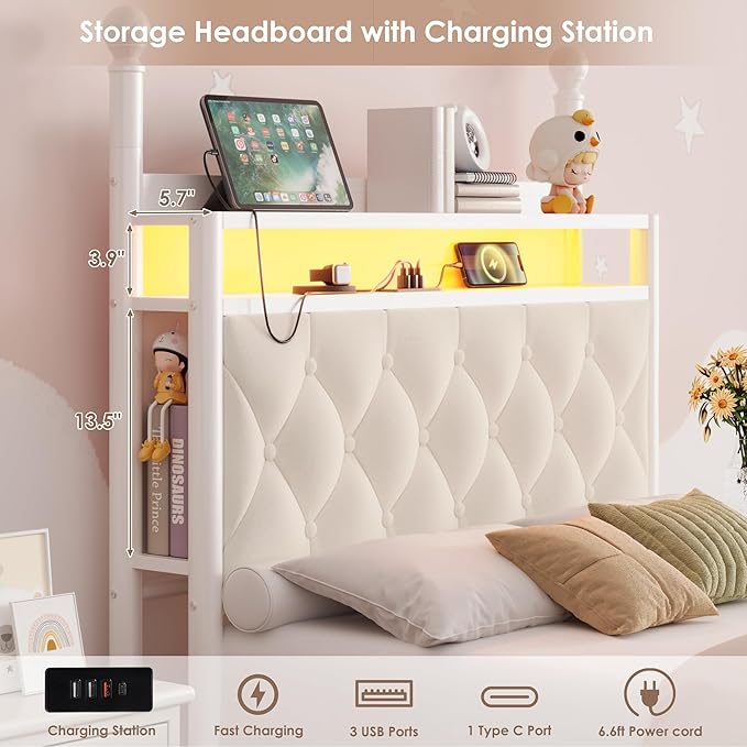 HIFIT Set of 2 Kids Twin Upholstered LED Canopy Bed Frame with Charging Station & Storage Drawer, Button Tufted Storage Headboard w/Bookshelf, Two-Use Girls Platform Bed frame w/4 Removable Post,Beige