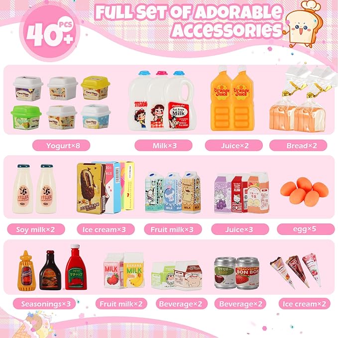 Mini Refrigerator Toy, Fill The Fridge with Ice Cream, Juice & 40+ Mini Food Toys for Dollhouse Accessories & Kitchen Playset. Realistic Refrigerator Play Gift for Kids.