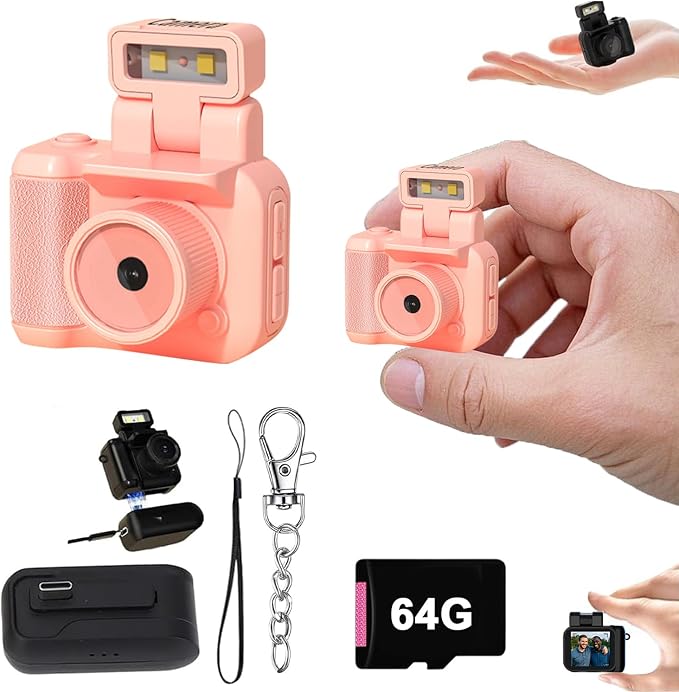 Gsnagole Retro Snap Camera，Mini Nostalgic Vintage View，Tiny Snaps，Keychain Digital Photo Camera，Llavero Mini CáMara Retro，1080p Hd with Led Flash Light (Pink 64G)
