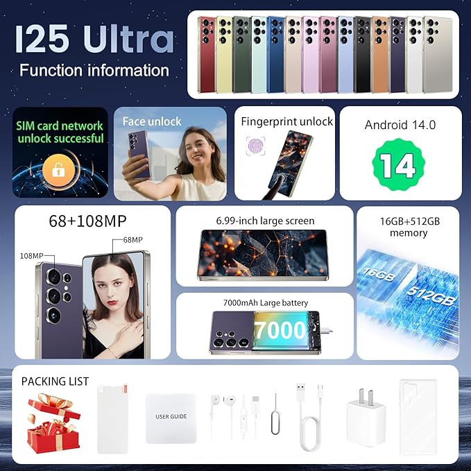 BDWJW I25 Ultra Smartphone 16GB+512GB Android 14 Smartphone, 6.99" FHD+ Display, 7000mAh Battery, 108MP+68MP Dual Camera, Built-in Pen Stylus, Fast Performance Large Memory (Purple)