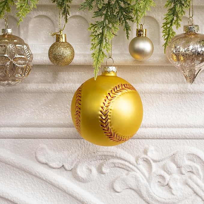 3.15” Christmas Softball Glass Blown Ornament, 2025 Hand-Painted Small Mini Sports Ball Decoration for Boys and Girls, Xmas Tree Holiday Decor Kids Themed Party Gifts