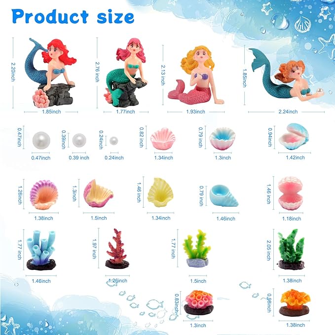 20pcs Mini Mermaid Figurines Aquarium Decorations Set with Coral and Shell Ornaments, Mini Ocean Resin Animals for Fish Tank Aquarium