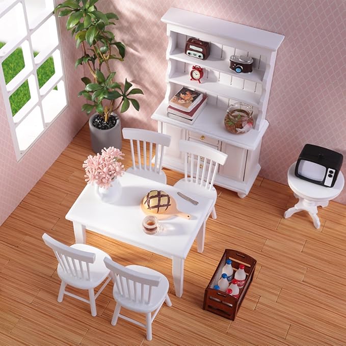 1/12 Dollhouse Table Chair Set, 17pcs Wooden Miniature Kitchen Furniture Set with Breakfast Accessories for Dining Room