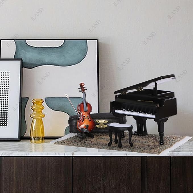 iLAND Piano Music Box & Miniature Violin w/Giftbox, 1/12 Scale Accessories of Dollhouse Piano Room with Timeless Melody The Castle in The Sky, Romantic Gift