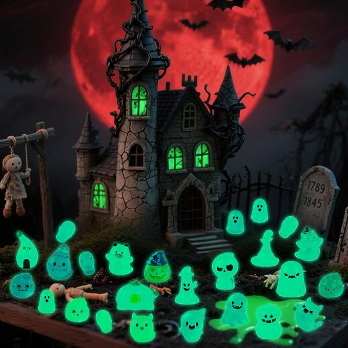 25 PCS Luminous Halloween Miniatures Figurines Halloween Resin Figures Glow in The Dark Miniature Skeleton Ghost Ornaments for Horror Party Favors Fillers Home Tabletop Decor