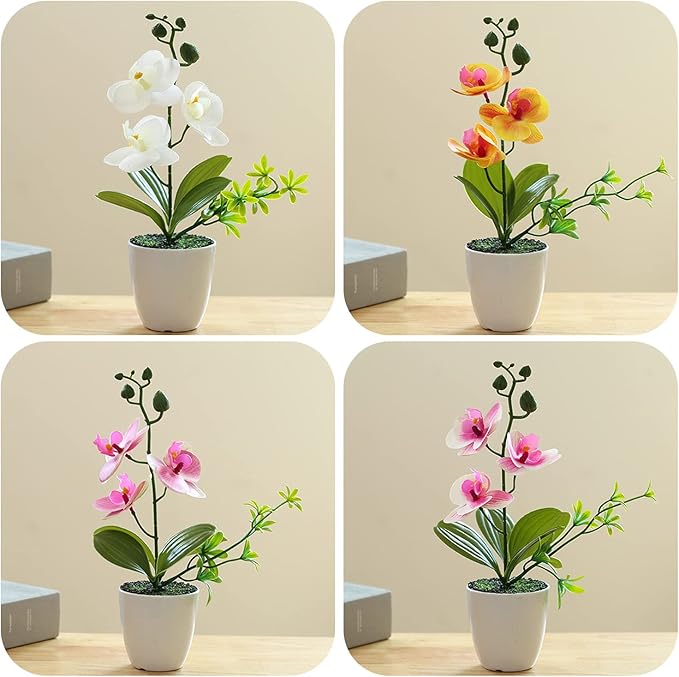 XONOR 4Pcs Artificial Orchid Flowers Mini Potted Orchid Flowers Fake Orchids with Plastic Vase for Home Office Wedding Table Centerpiece Decoration(White,Yellow,Pink,Light Pink)