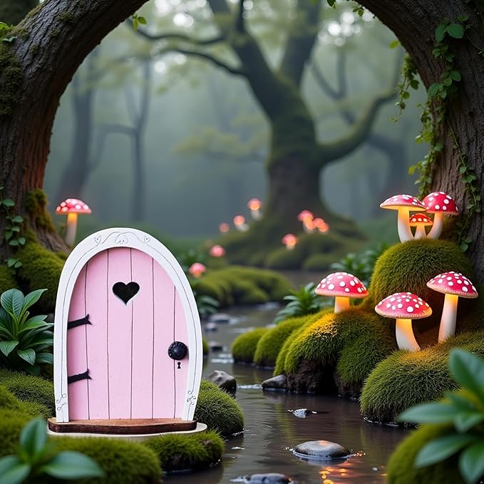 2Pcs Pink Streak Mini Fairy Garden Door for Tree, 3D Miniature Fairy Door for Fairytale Tiny House Doors, Bonsai Terrarium Micro Landscape Decoration Accessories Garden Miniatures, Decorations