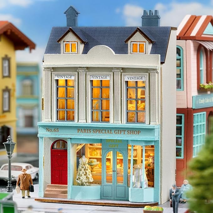 DIY Miniature House Kit, CUTEROOM Wooden Dollhouse Kit Mini House Making Kit with Furnitures, DIY Dollhouse Kit Birthday Gift for Women (Gift Shop)