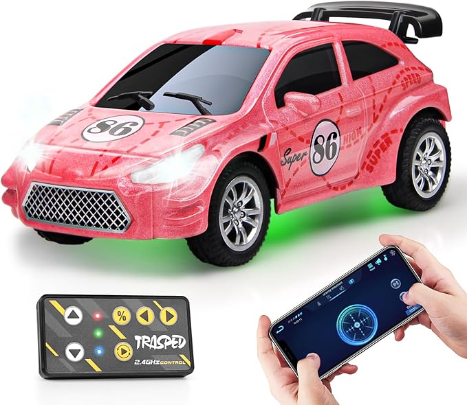 Mini Rc Car, 1/64 Scale Remote Control Car with LED Lights, 2.4Ghz Alloy Remote Control Racing, Speed/Steering Adjustable (Pink)