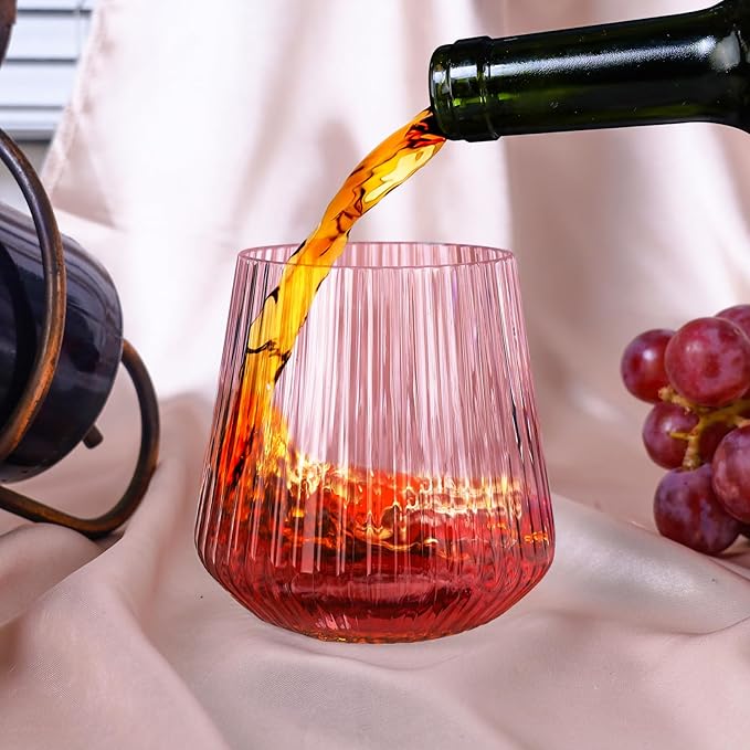 Lueumxc 40 Pack Plastic Ribbed Wine Glasses, 14Oz Origami Disposable Wine Glasses Unbreakable Clear Plastic Cocktail Glasses Recyclable Shatterproof Reusable Wine Cups (14oz-pink-40pack)