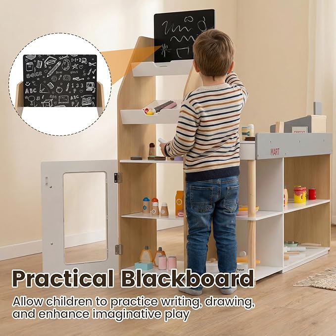Costzon Grocery Store Pretend Play, Wooden Play Store, Toddler Supermarket Playset with Cash Register, Vending Machine, Chalkboard, Kids Grocery Store Playset, Gift for Boys & Girls