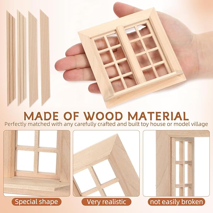 Gadpiparty Doll House Window, Uncolored Wooden Miniature Window for Dollhouse Decor, 1:12 Scale Craft Mini Model, Khaki Synthetic Material, 4. 17 Inch