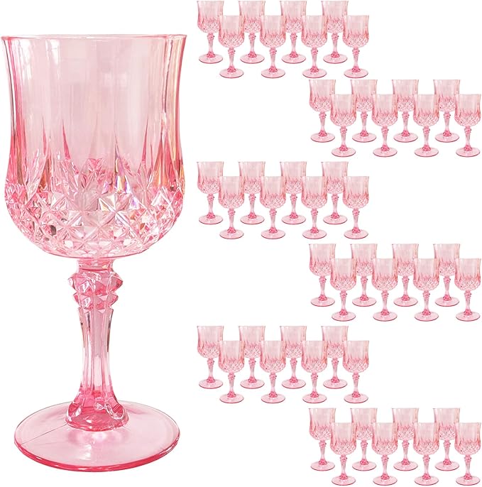 Veiuwa 48 PCS Pink Plastic Wine Glasses,Reusable Plastic Wine Glasses,Pink Goblet Glass,Durable and Sturdy Cups Can Be Used for Various Parties Such as Weddings!