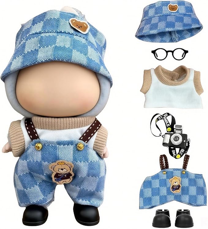 17cm Doll Clothes – 6-Piece Clothing (Hat & Overalls & Shirt & Shoes & Glasses & Camera) Stylish Dolls Clothes Accessories, Cute Clothes for Dress up Unique Style (Denim Blue)