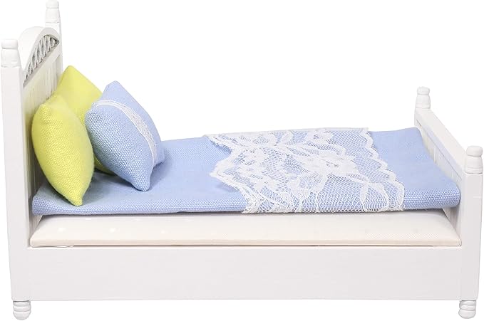 Dollhouse Furniture Queen Bed Set, mini Bedroom Accessories for 6 inch Dolls, Blue Bedding, White Wooden Frame, 1/12 Scale