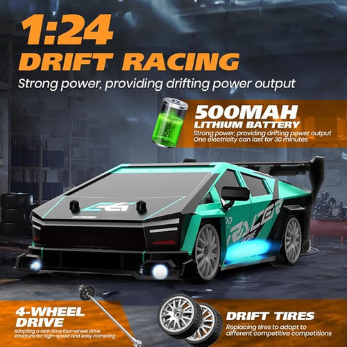 1:24 Scale RC Drift Car, 30KM/H 4WD 2.4GHz Remote Control Cars with LED Light, Racing and 4 Drifting Wheels, High Speed RC Racing Cars Perfect Toy Gift for Teen Adults