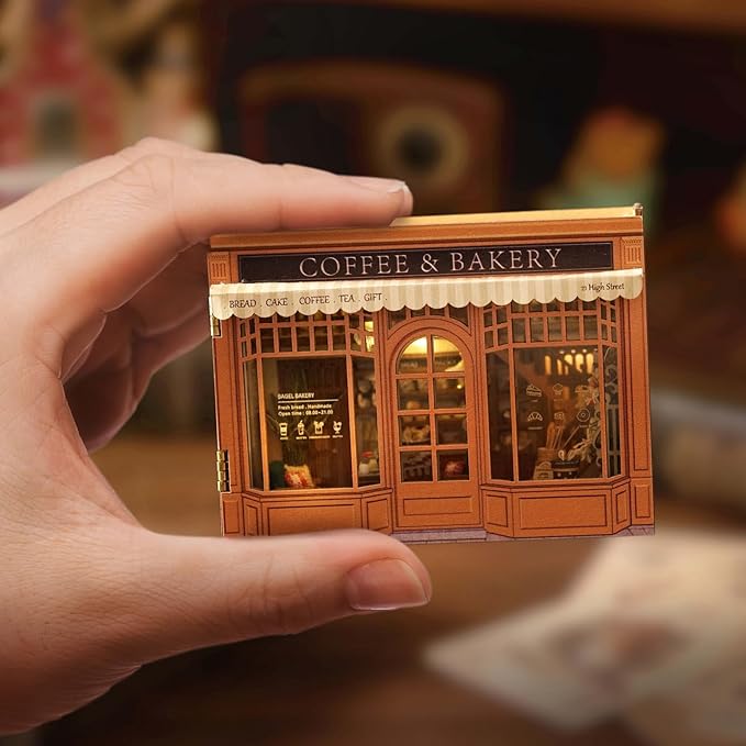 DIY Miniature House Kit, CUTEROOM Mini House Kit for Adult to Build, Wooden Dollhouse Making Kit with Furniture, Christmas Birthday Gifts- Bagel Time