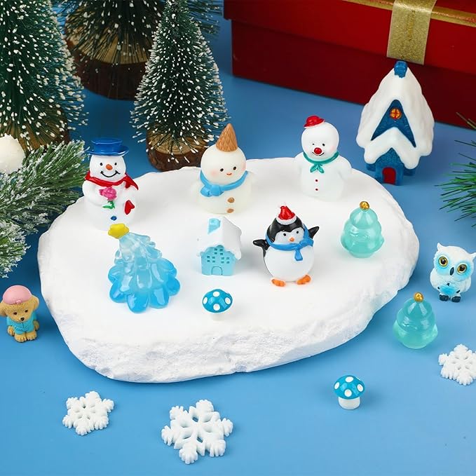 56Pcs Mini Winter Resin Figurines,Miniature Blue Snow Globe Figures Tiny Snowman Penguin Snowflake Duck Elk Christmas Tree for DIY Crafts Fairy Garden Home Decor