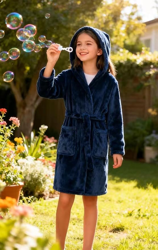 Boys Fleece Robe Hooded Toddler Soft Bathrobe Pajamas Sleepwear for Kids Girls 2-16 Years