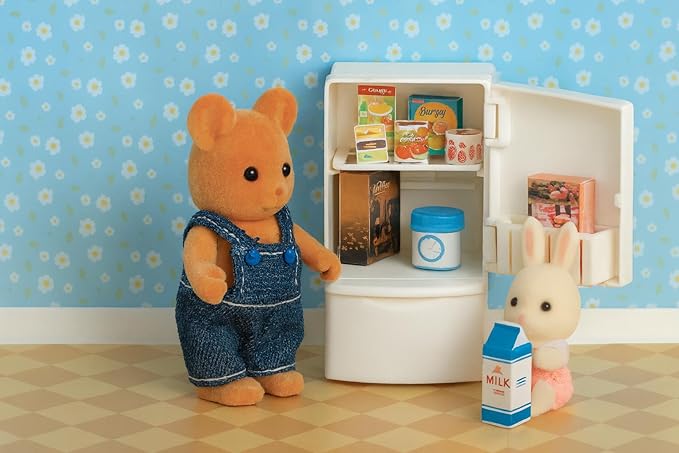Family Dollhouse Refrigerator Set — Mini Fridge with Opening Doors, Interior Shelves, Milk Carton, Yogurt Tub, Ice Cream Cups & Topping Jars — Dollhouse Furniture & Accessories for Ages 3+