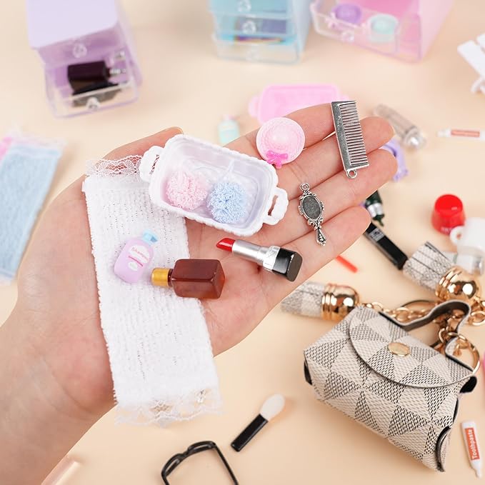77 Pcs Miniature Dollhouse Accessories, Dollhouse Bathroom Accessories Set with Storage Cases Cosmetic Set Towel Shampoo Perfume Hair Dryer Comb Mask Soap Toiletries Set for Girl Micro Scene