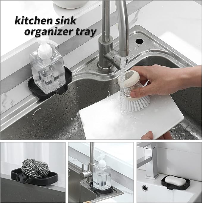 MicoYang Silicone Bathroom Soap Dishes with Drain Spout-Bathroom and Kitchen Sink Organizer,Sponge Holder,Dish Soap Tray,Perfect for Dispenser,Scrubber,Bottle,Cup on Sink or Counter-Black 4.9"×3.2"