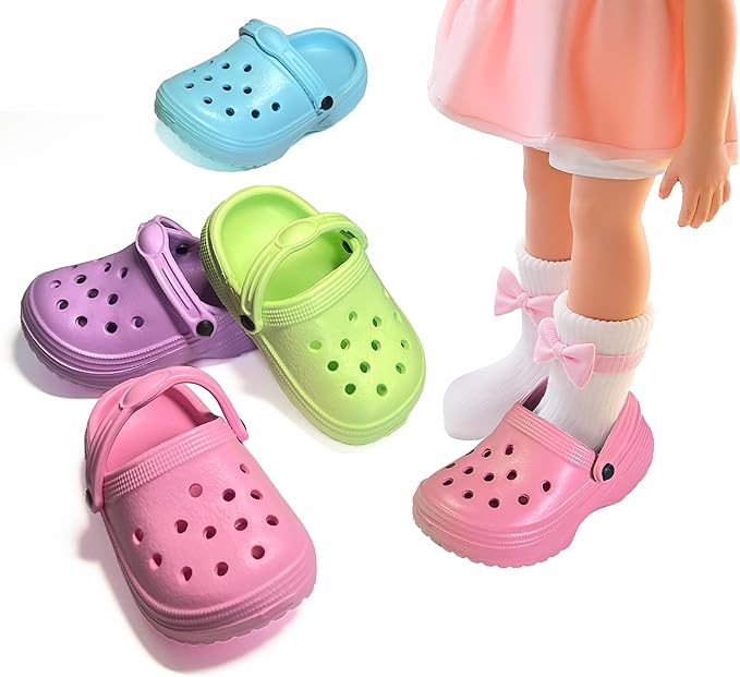 HXIELEC 4 Pairs Classic Clogs for 18" Dolls - Macaron Color EVA Slip-On Shoes,Fits Most 18" Dolls,Dress Up Gift Set