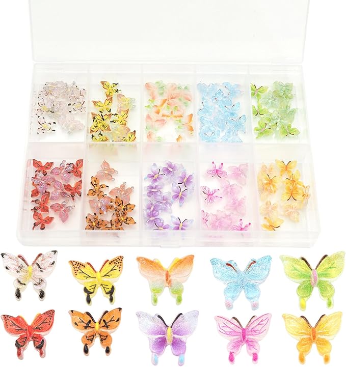 100 PCS Tiny Decorative Resin Butterfies Mini Artificial Animal Models -Neatly Organized in a Plastic Storage Box for DIY Handmade mini House Miniature Landscape （10 Colors Mixed ）