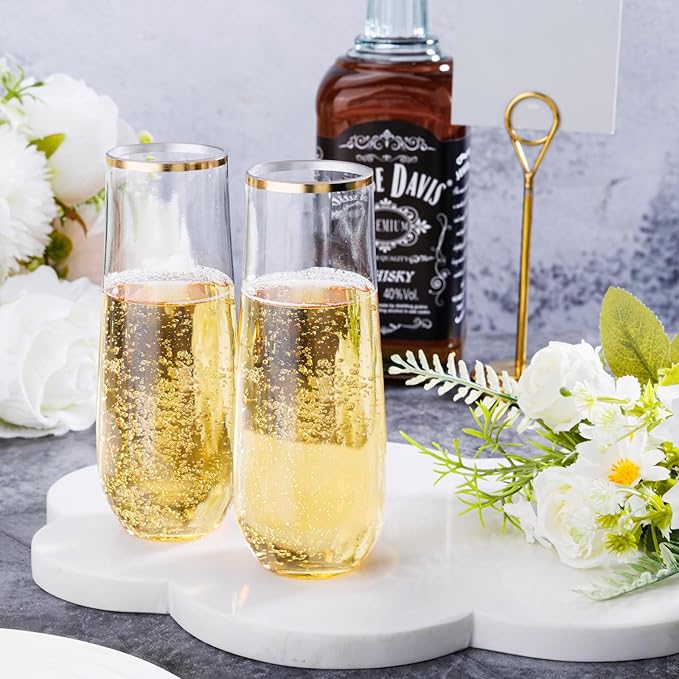 Ciaell 24 Pack Gold Plastic Champagne Flutes - 9 Oz Disposable Champagne Glasses - Stemless Mimosa Glass for Parties & Weddings & Birthdays