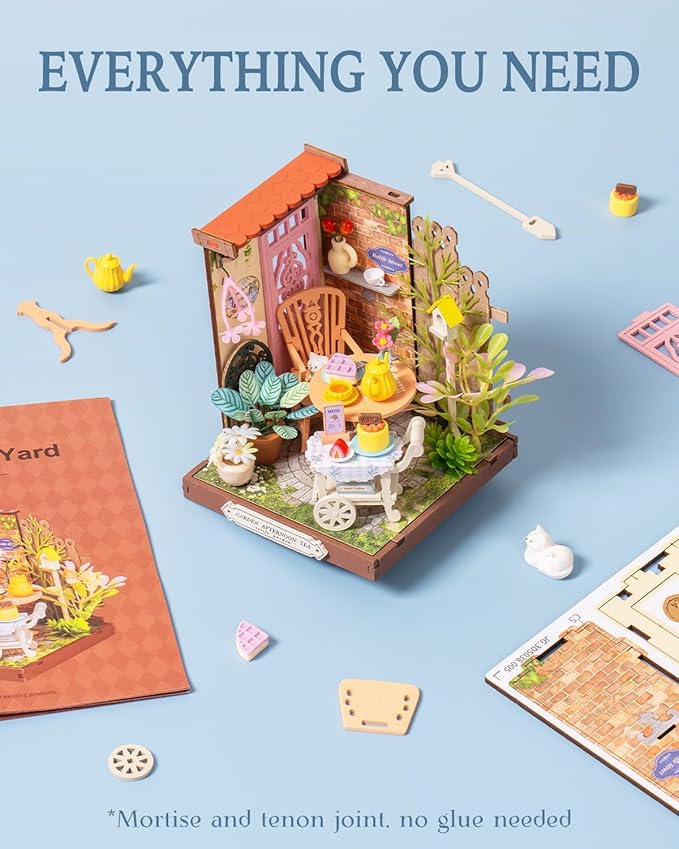 Rolife DIY Mini Building House Miniature Kit-Fancy Tea Yard, Miniature Lifestyle Mini Bookshelf Decoration, DIY Hobbies/Gifts for Craftsman (Fancy Tea Yard)