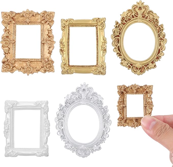 5 Pcs Miniature Picture Frames Vintage Dollhouse Photo Frames with Carved Golden Edges for Wall Hanging Desktop Display Jewelry Showcase Miniature Props for Dollhouse Model Train Garden