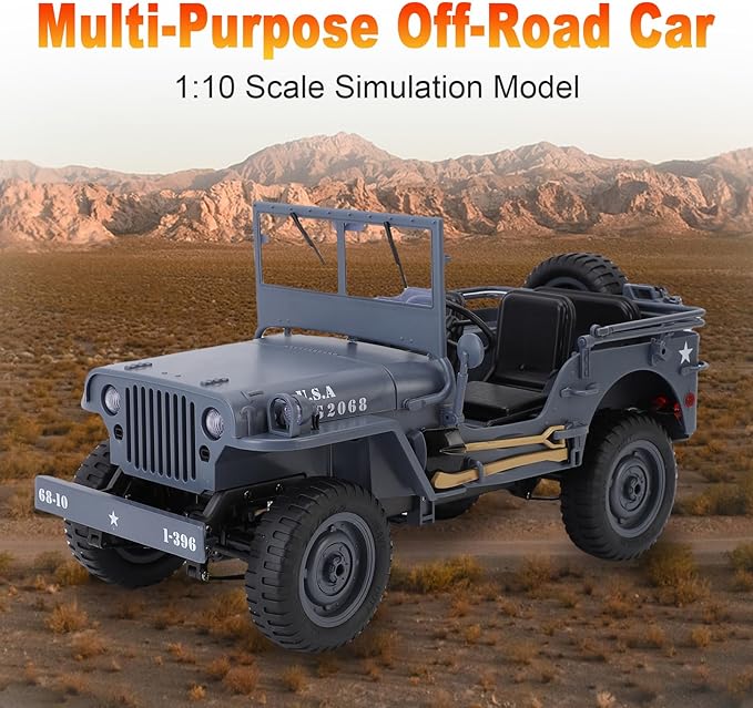 RC Crawlers, 1:10 Scale D888 Willys Military Jeep, 2.4Ghz 4WD Off Road Rock Crawler with Lights, Removable Accessories All Terrain RC Jeep Toy for Adult Teens-Upgradable (2 Batteries)