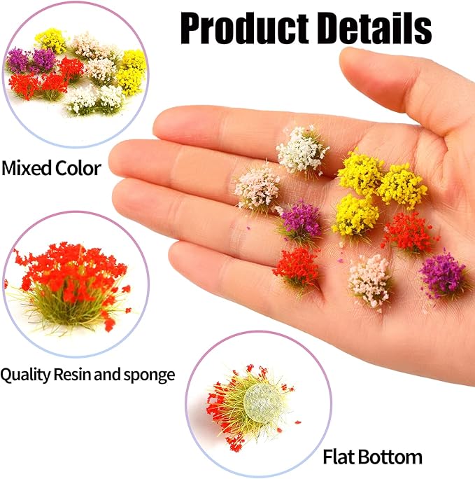 FOIMAS 60pcs Miniature Flower Cluster Colorful Flower Vegetation Groups Grass Tufts Static Scenery Model for DIY Craft Train Landscape Railroad Scenery Sand Military Layout Model War Gaming Terrain