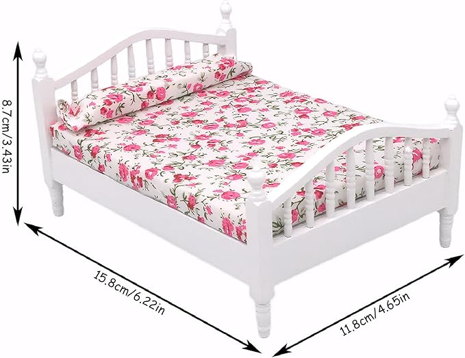 1/12 Dollhouse Bed Miniature Wooden Doll Bed with Real Flower Pattern Mini Bed for Dollhouse Bedroom Furniture