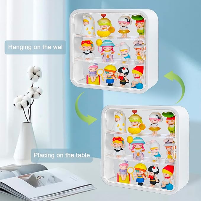 Display Case for Figures, 3 Tiers Clear Wall-Mounted Doll Storage Box, Acrylic Dustproof Action Figure Display Case with Magnetic Door Fit for Collectibles Mini Toys Lego Pop Mart, White