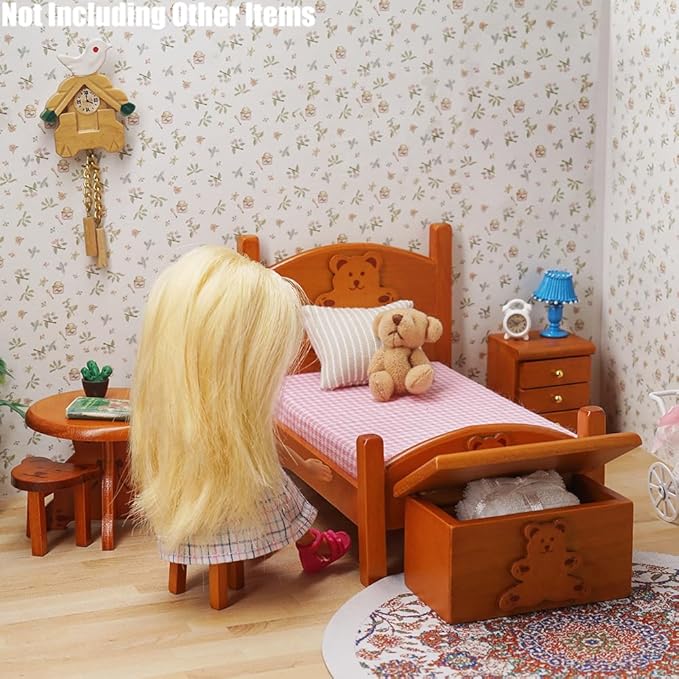 Odoria Dollhouse Bedroom Furniture Miniature : 1/12 Scale Single Bed with Bedding Cute Storage Chest Trunk - Mini Bedside Table and Chairs Wooden Nightstand 6Pcs