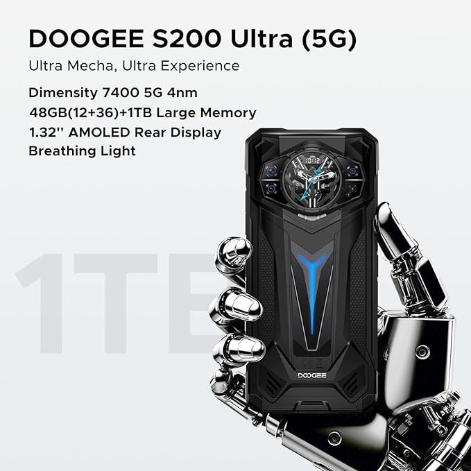 DOOGEE S200 Ultra Rugged Phone Unlocked, 5G Android 15 with 1.32" Secondary Display, 48GB+1TB Storage, 11000mAh, 66W Fast Charge, AI Quad Camera 100MP+32MP, 6.72" Rugged Smartphone Dual SIM/NFC/OTG