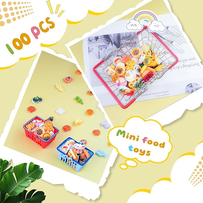 199PCS Mini Shopping Basket Cash Register Cake Donuts Storage Box Shelves Miniature Food Drink Toy Supermarket Metal Handcart Dollhouse Store Grocery Dessert Shop Accessories Trolley Party Model