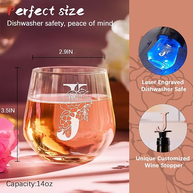 Personalized Gifts for Women, Monogrammed A-Z Wine Glass Customized Gift, Unique Christmas Birthday Gifts for Women Her Mom Friend Sister Wife Daughter Nurse - Dishwasher Safe (J)