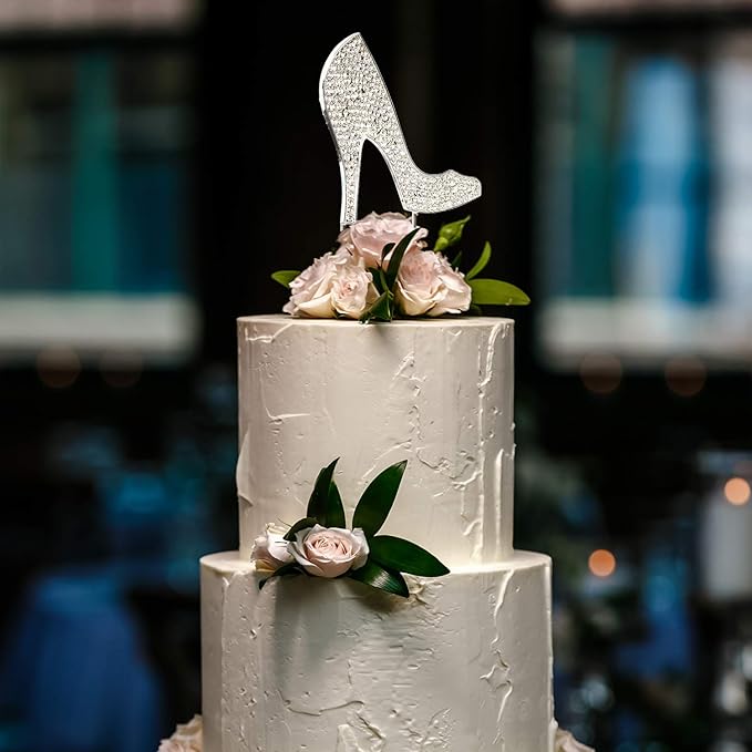 LINGTEER High Heel Silver Rhinestone Crystal Cake Topper Perfect for Birthday Wedding Anniversary Party Keepsake Sparkle Decoration