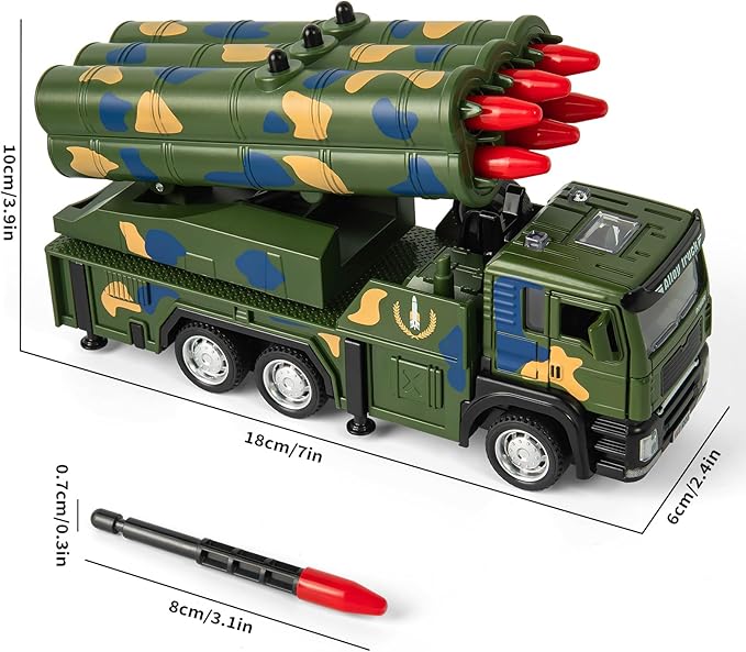 Army Truck Toy with 6 Missiles, Pull Back Military Truck Playset with Light & Sound, Simulated Combat Vehicle Model Toy Gift for Boys Ages 3-6 Years