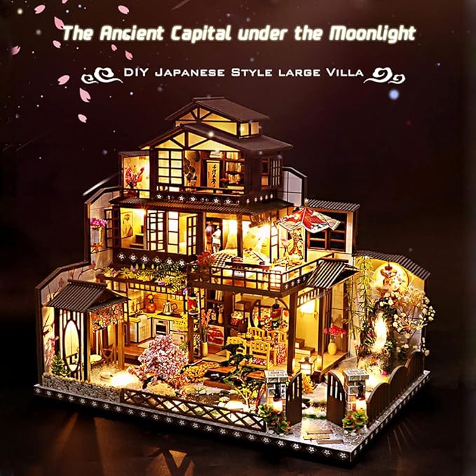Yuzhen DIY Miniature Dollhouse Kit with Furniture and LED Lights, Japanese Wooden Dollhouse Includes Dustcover and Music Box, Decent Gift for Adults or Kids