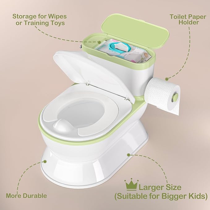 CheerTry 2-in-1 Toddler Potty Training Toilet - Larger Potty Chair & Detachable Training Seat for Boys & Girls Ages 1-3 with Flushing Sound, Wipes Storage, Toilet Paper Holder - Green