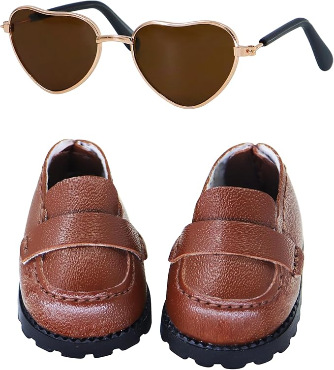 Suitable for 17cm Doll Trendy Small Leather Shoes Paired with Heart Shaped Sunglasses Cute Outfit Two-Piece Set (Matte Brown)