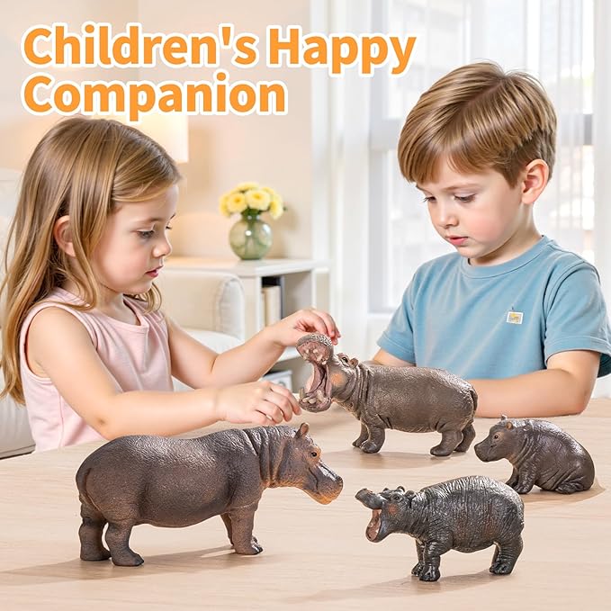 4PCS Hippo Safari Zoo Animals Figurines Toys, Plastic Animals Figures Toy for Kids Includes Solid Hippopotamus and Cubs, Birthday Gift Party Favors Cake Toppers for Boys Girls