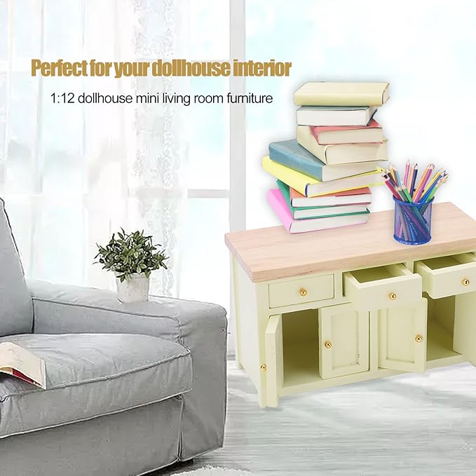 Dollhouse Cabinet 1:12 Scale Miniature Living Room Furniture Handcrafted Birch Storage Cabinet for Dollhouse Decor Kids Gift (Cream Color)